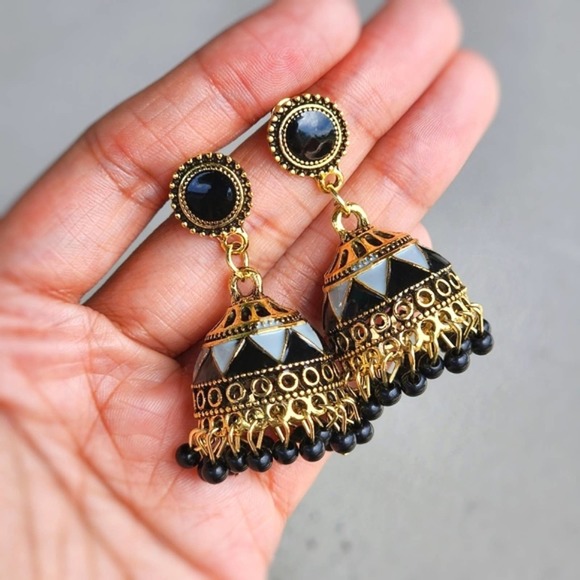Bohemian Bell Earrings Retro Vintage Gold Trendy Ball Glam Ear Jewelry Black - Picture 2 of 4